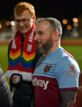 LONDON, ENGLAND - DECEMBER 06: West Ham United Rainbow laces campaign, West Ham (Pride of Irons) v Arsenal (Gay Gooners) at London Stadium Community Pitch on 6th December, 2019 in London, England. (Photo by James Griffiths/West Ham United via Getty Images)